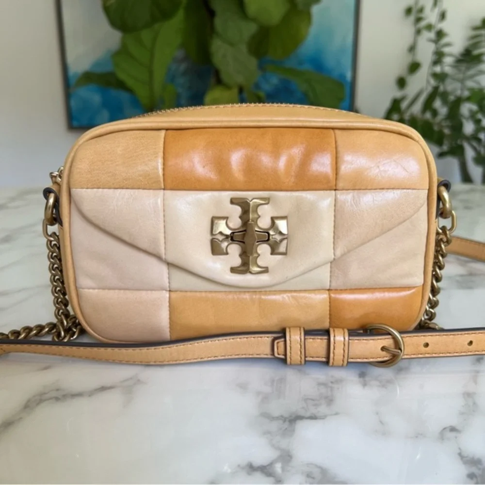 TORY BURCH  Kira Patchwork Mini Leather Camera Crossbody Bag Golden Straw Camel
